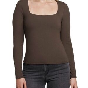 Express Square Neck Long Sleeve Top - Dark Brown